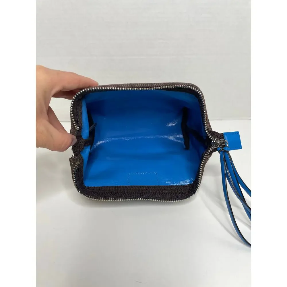 Henri Bendel Cosmetic Bag Brown White Stripe Blue Strap